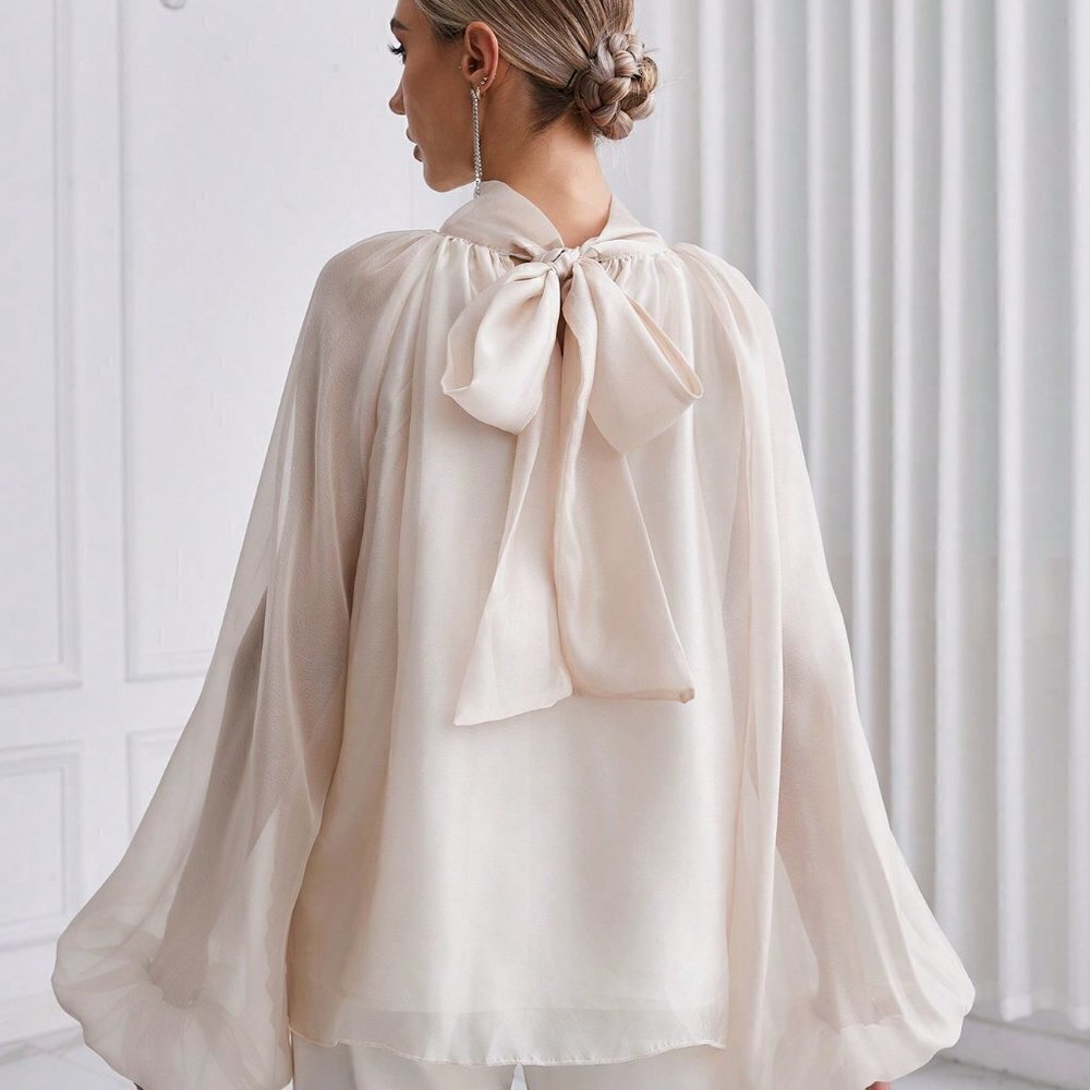 Apricot Casual Women's Solid Color Stand Collar Lantern Sleeve Shirt